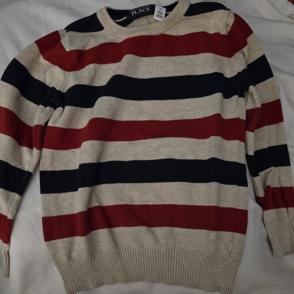 The Children's Place Cream, Red & Navy Striped Crewneck Sweater
